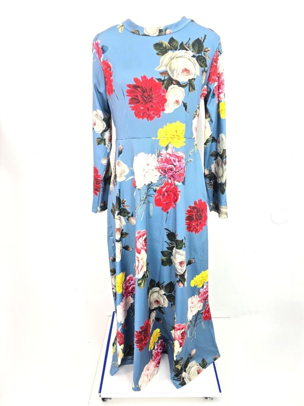 Women's Slate BLue Rose Floral Long Sleeve Bohemian Maxi dress Size L